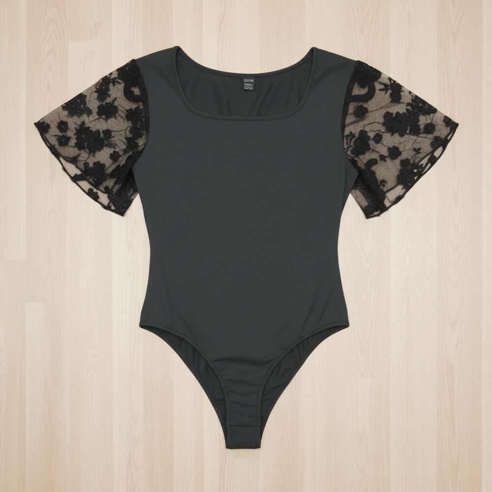 Bodysuit Women's Large Black Square Neck Sheer Floral Short Sleeve Top